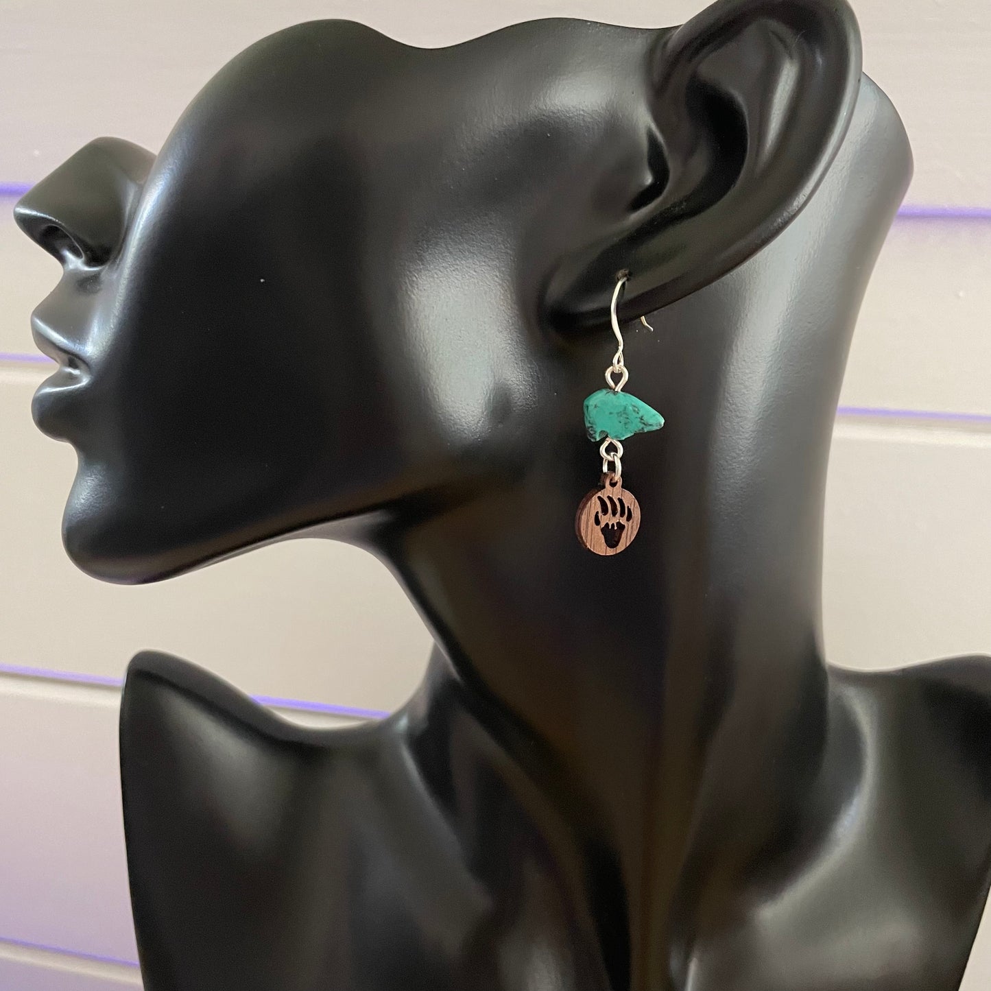 Turquoise Bear & Wood Carved Bear Claw Drop Earrings 1.5" Animals Nature Minimalist Lightweight Women Gift Everyday Fashion Handmade Jewelry