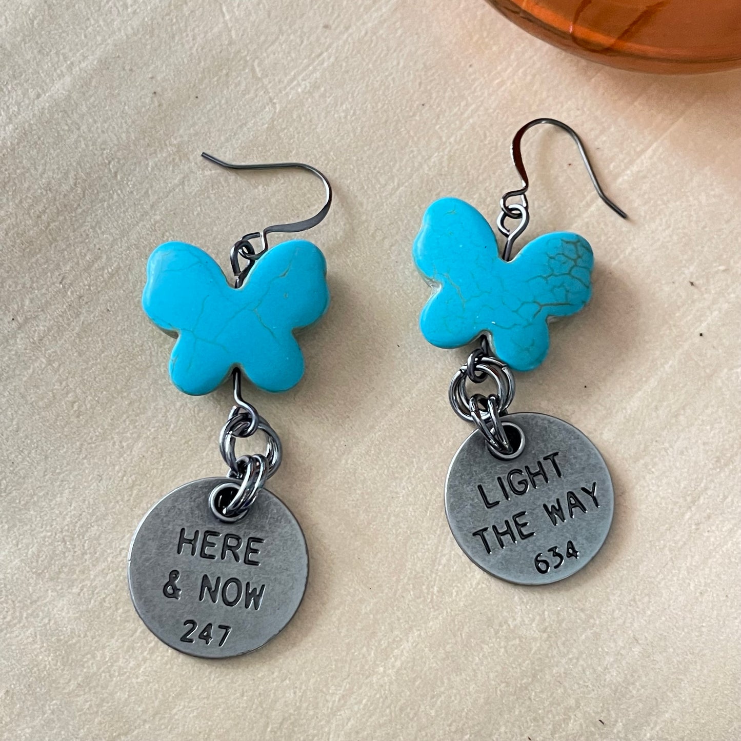 Handmade Blue Marbled Magnesite Butterfly & Motivational Saying Statement Earrings Light Here Now Inspiration Positive