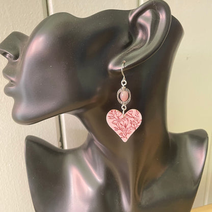 Handmade Rose Quartz Wooden Embossed Heart Dangle Earrings Romantic Valentine's Day Women's Jewelry Gift Casual Everyday