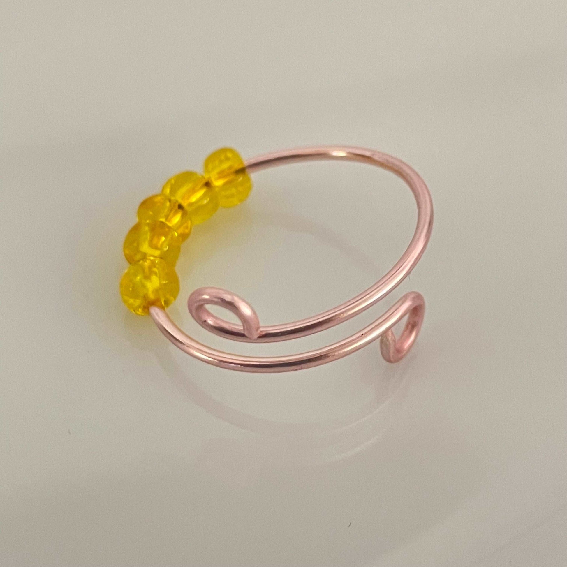Single Adjustable Fidget Ring in Rose Copper/Yellow Bead Anti Anxiety Stress Spinner Wire