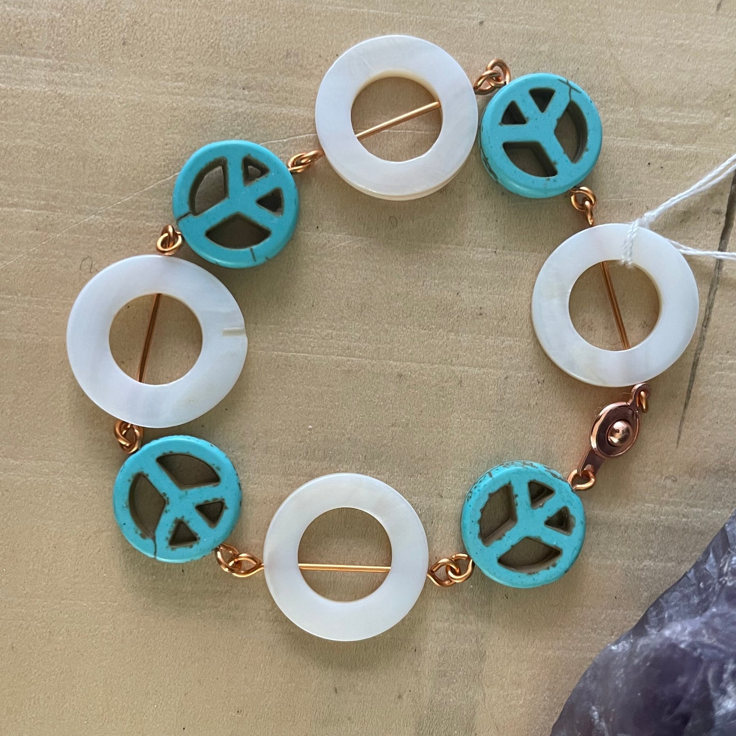 Peace Sign & Shell Bracelet Copper Shell Turquoise Magnesite Geometric Zen Chunky Grounding Calm