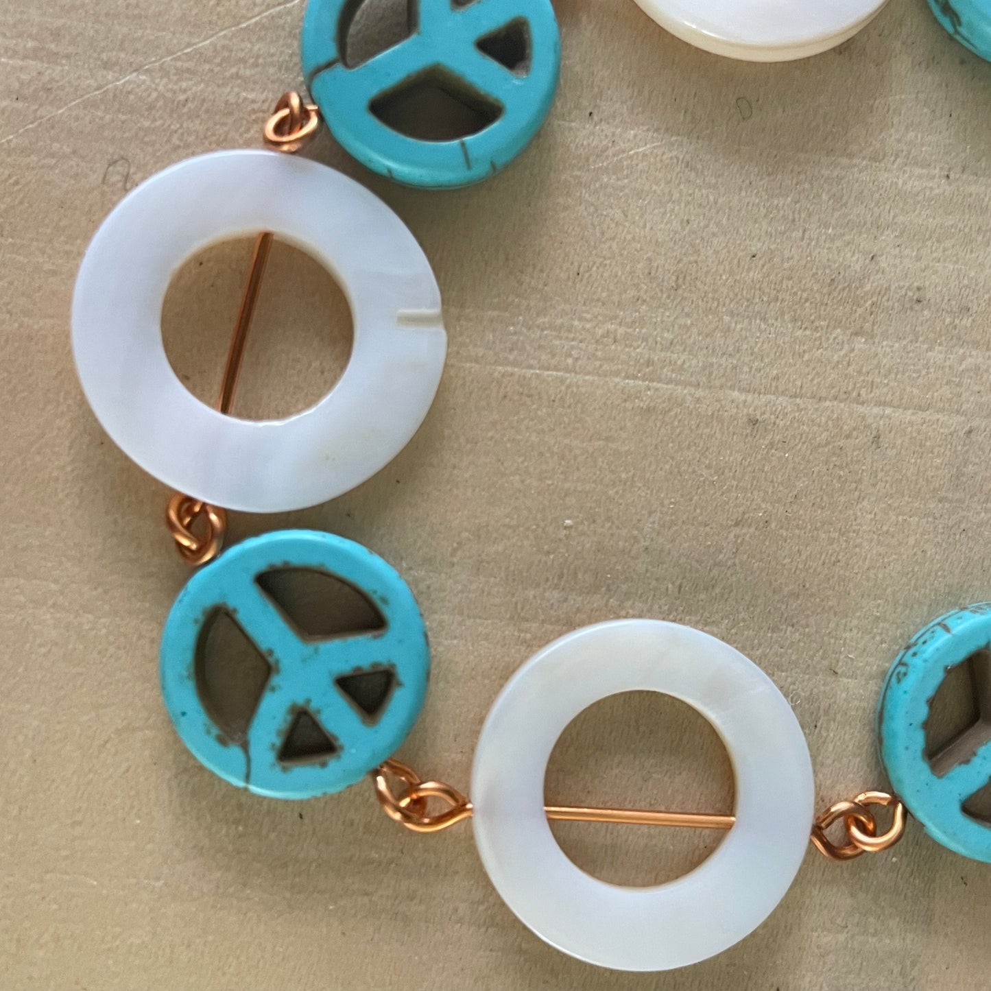 Peace Sign & Shell Bracelet Copper Shell Turquoise Magnesite Geometric Zen Chunky Grounding Calm