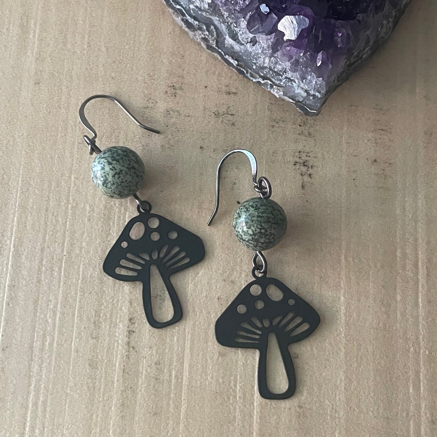 Handmade Speckled Green Petrified Wood & Black Metal Mushroom Dangle Earrings Women's Jewelry Casual Everyday Mom Sister Aunt Gift Birthday Holiday Nature