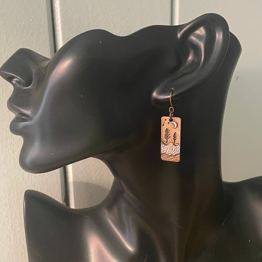 Handmade Forest & Moon Dual Tone Copper Earrings Tree Night Sky Women's Jewelry Casual Everyday Mom Sister Aunt Gift Birthday Holiday Stamped Textured Mixed Metal
