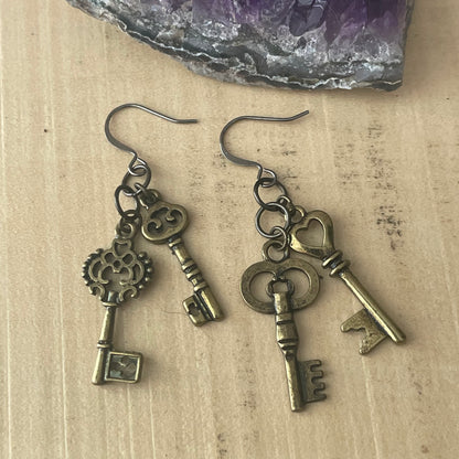 Handmade Mini Skeleton Key Dangle Earrings Mixed Metal Brass Women's Jewelry Casual Everyday Mom Sister Aunt Gift Steampunk Vintage Themed