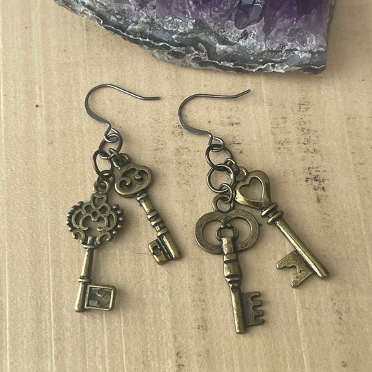 Handmade Mini Skeleton Key Dangle Earrings Mixed Metal Brass Women's Jewelry Casual Everyday Mom Sister Aunt Gift Steampunk Vintage Themed