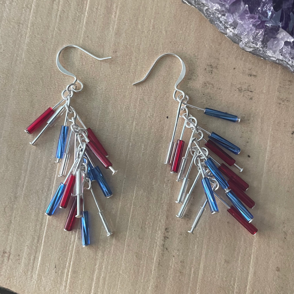 “Red White & Blue” Firework Dangle Earrings USA Patriotic July 4 Memorial Day Veterans Casual Everyday Women Gift Mom Sister Aunt