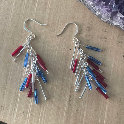 “Red White & Blue” Firework Dangle Earrings USA Patriotic July 4 Memorial Day Veterans Casual Everyday Women Gift Mom Sister Aunt