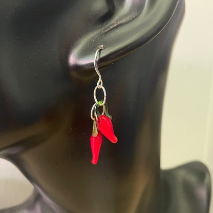 Handmade Spicy Dangling Double Chili Pepper Earrings Glass Women's Jewelry Casual Everyday Mom Sister Aunt Gift Birthday Holiday Summer Gardener Chef