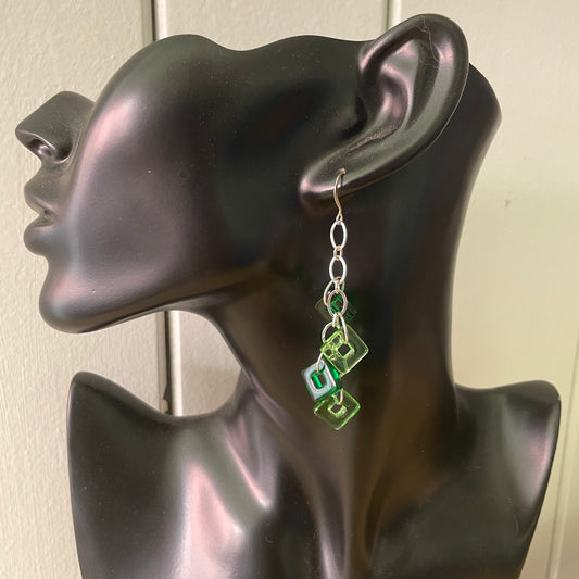 Handmade Long Green Glass Square Dangle Earrings Multi-Tone Women's Gift Spring Summer Colorful Bridesmaid Prom Date Night