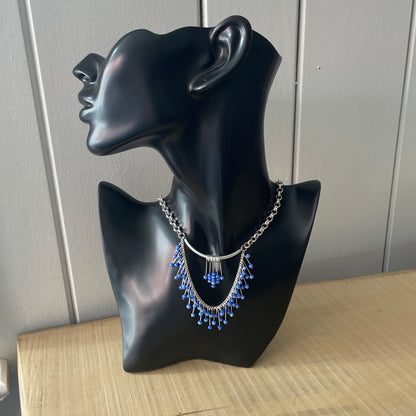 Blue Cat's Eye Glass Statement Necklace Handmade Evening Party Date Night Holiday Gift Women Elegant