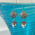 Mini Skull & Button Sombrero Drop Earrings White Magnesite Copper Upcycled Repurposed Flower Textured