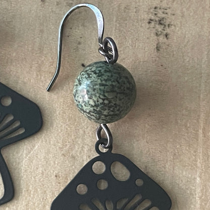 Handmade Speckled Green Petrified Wood & Black Metal Mushroom Dangle Earrings Women's Jewelry Casual Everyday Mom Sister Aunt Gift Birthday Holiday Nature