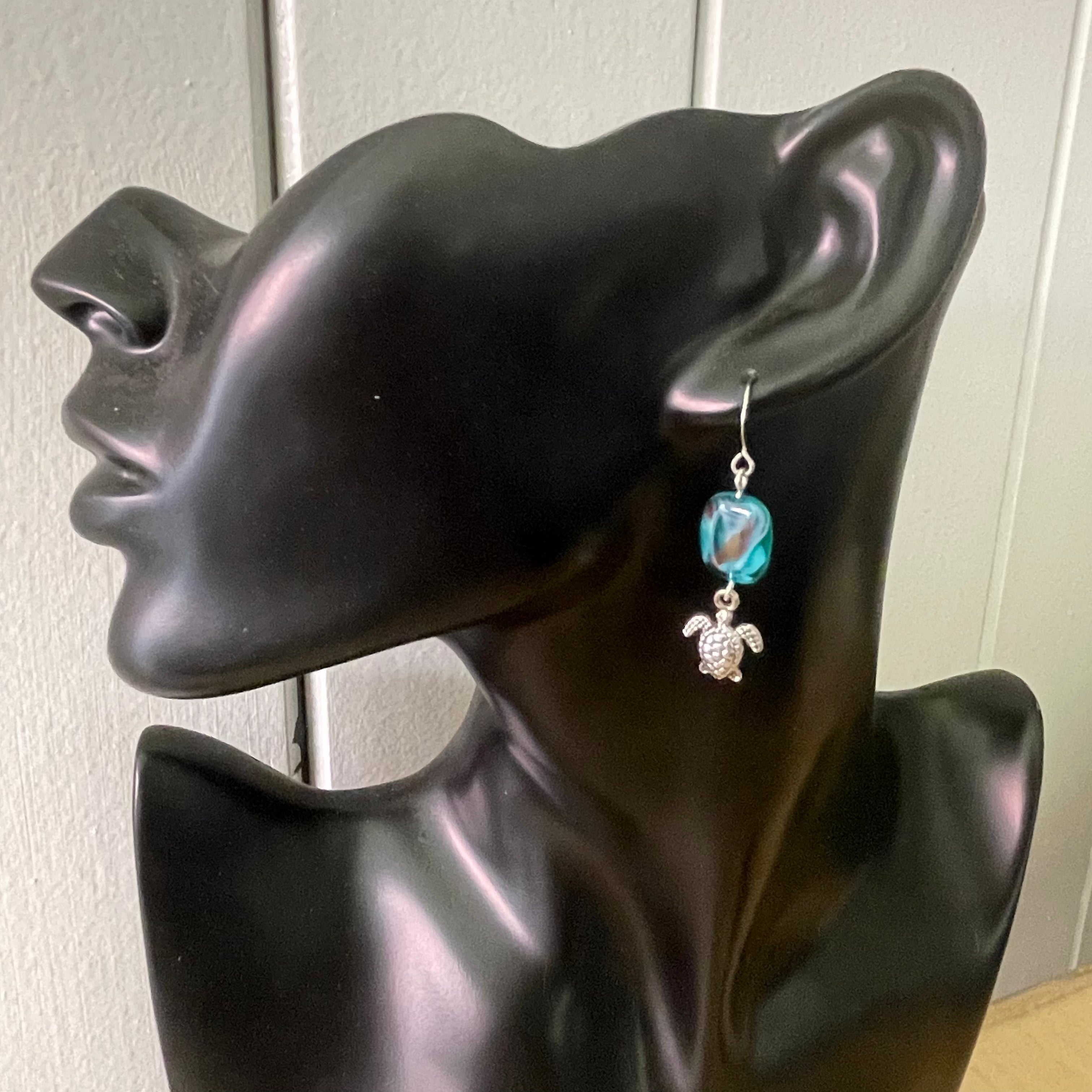 Handmade Blue Green Swirl Glass & Small Metal Turtle Dangle Earrings 2" Multicolored Women's Jewelry Casual Everyday Birthday Holiday