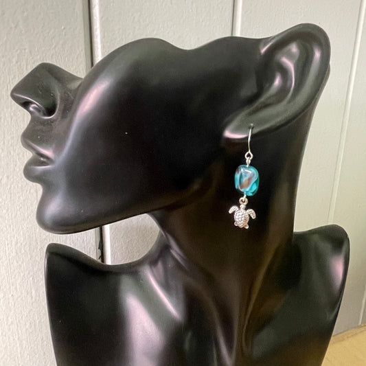 Handmade Blue Green Swirl Glass & Small Metal Turtle Dangle Earrings 2" Multicolored Women's Jewelry Casual Everyday Mom Sister Aunt Gift Birthday Holiday