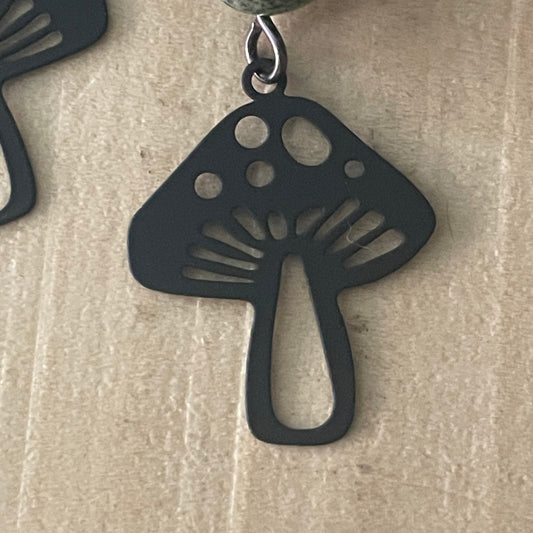 Handmade Speckled Green Petrified Wood & Black Metal Mushroom Dangle Earrings Women's Jewelry Casual Everyday Mom Sister Aunt Gift Birthday Holiday Nature