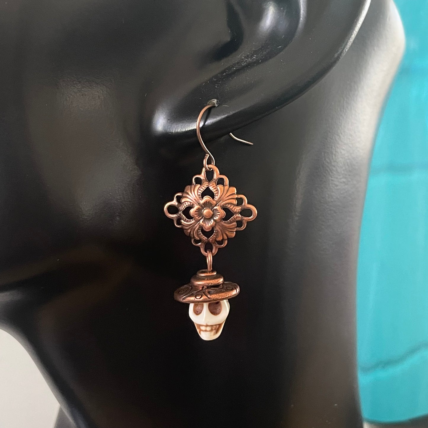 Mini Skull & Button Sombrero Drop Earrings White Magnesite Copper Upcycled Repurposed Flower Textured