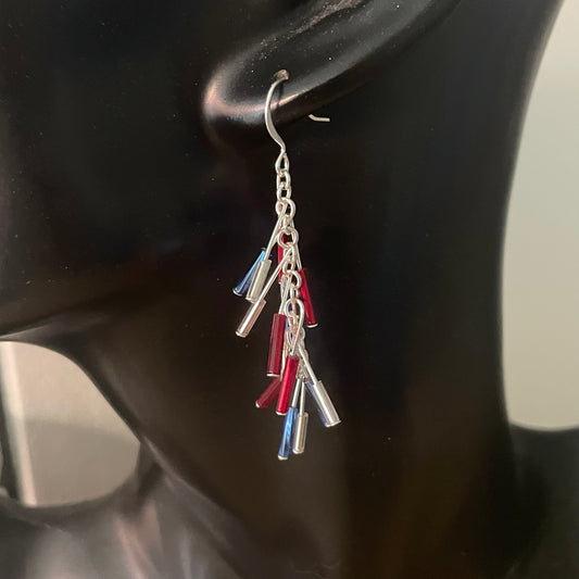 “Red White & Blue” Firework Dangle Earrings USA Patriotic July 4 Memorial Day Veterans Casual Everyday Women Gift Mom Sister Aunt