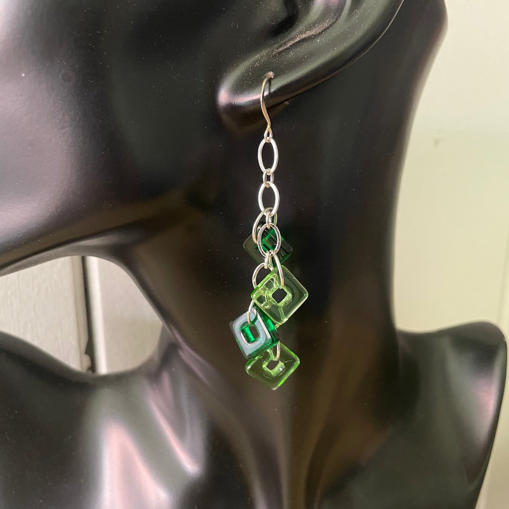Handmade Long Green Glass Square Dangle Earrings Multi-Tone Women's Gift Spring Summer Colorful Bridesmaid Prom Date Night