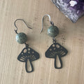 Handmade Speckled Green Petrified Wood & Black Metal Mushroom Dangle Earrings Women's Casual Everyday Mom Sister Aunt Gift Birthday Holiday Nature