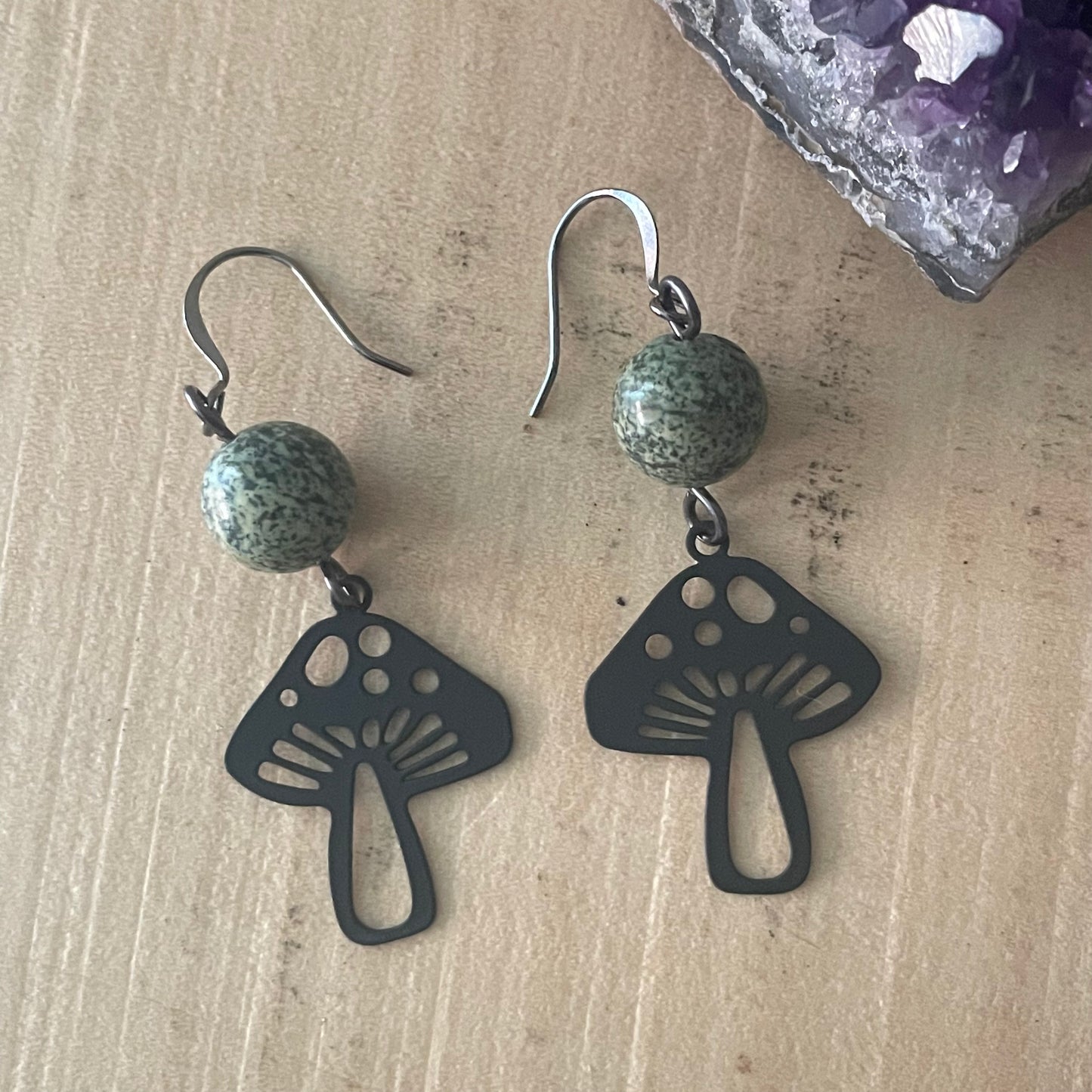 Handmade Speckled Green Petrified Wood & Black Metal Mushroom Dangle Earrings Women's Jewelry Casual Everyday Mom Sister Aunt Gift Birthday Holiday Nature