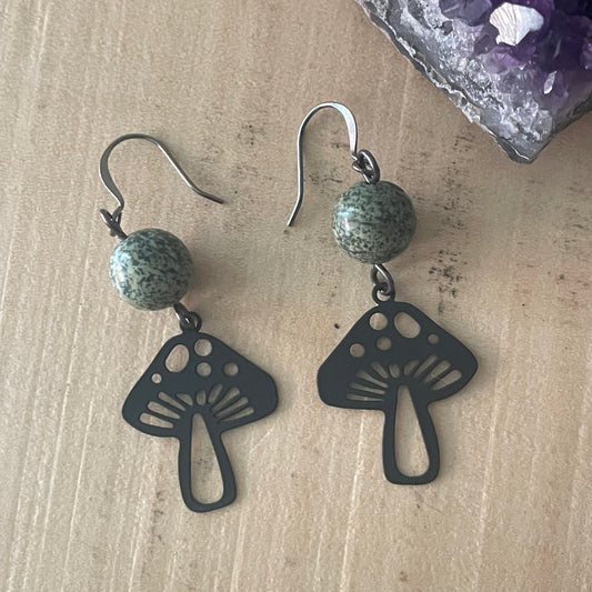 Handmade Speckled Green Petrified Wood & Black Metal Mushroom Dangle Earrings Women's Jewelry Casual Everyday Mom Sister Aunt Gift Birthday Holiday Nature