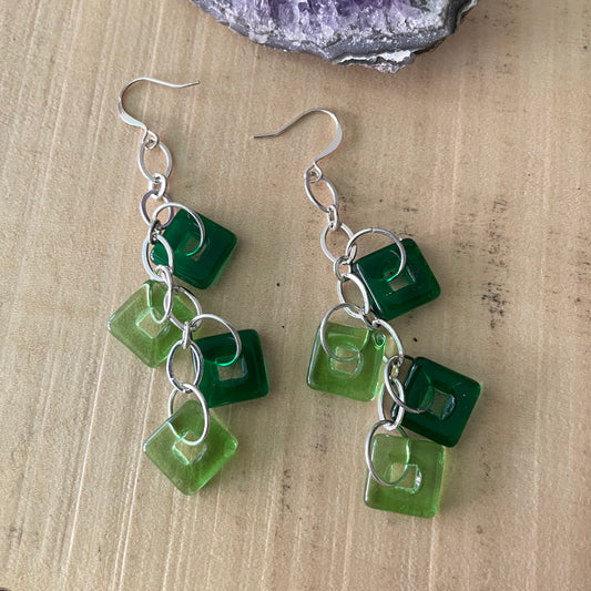 Handmade Long Green Glass Square Dangle Earrings Multi-Tone Women's Gift Spring Summer Colorful Bridesmaid Prom Date Night