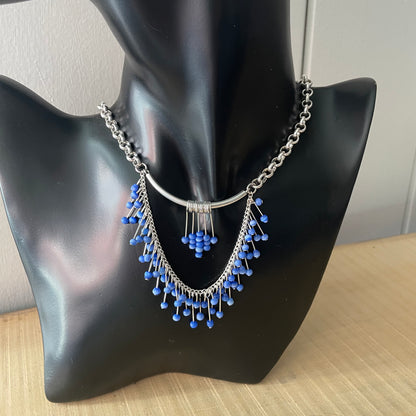 Blue Cat's Eye Glass Statement Necklace Handmade Evening Party Date Night Holiday Gift Women Elegant