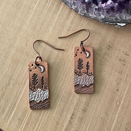 Handmade Forest & Moon Dual Tone Copper Earrings Tree Night Sky Women's Jewelry Casual Everyday Mom Sister Aunt Gift Birthday Holiday Stamped Textured Mixed Metal