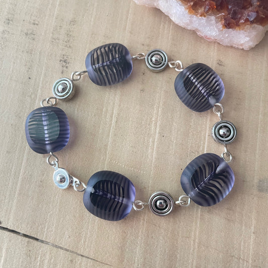 Purple Striped Glass & Silver Plated Bead Bracelet Hand Crafted Chunky Women's Jewelry Everyday Business Casual Mom Sister Aunt Gift Birthday Holiday Multicolor