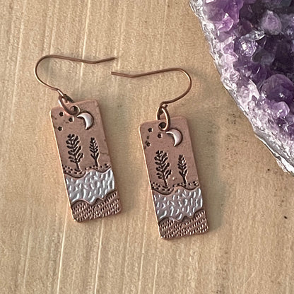 Handmade Forest & Moon Dual Tone Copper Earrings Tree Night Sky Women's Jewelry Casual Everyday Mom Sister Aunt Gift Birthday Holiday Stamped Textured Mixed Metal