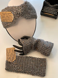 Extra Soft Gift Set Fingerless Gloves & Ear Warmers Speckled Grey Snowflake Knit Fall Winter Handmade 2 Piece Crochet Accessory