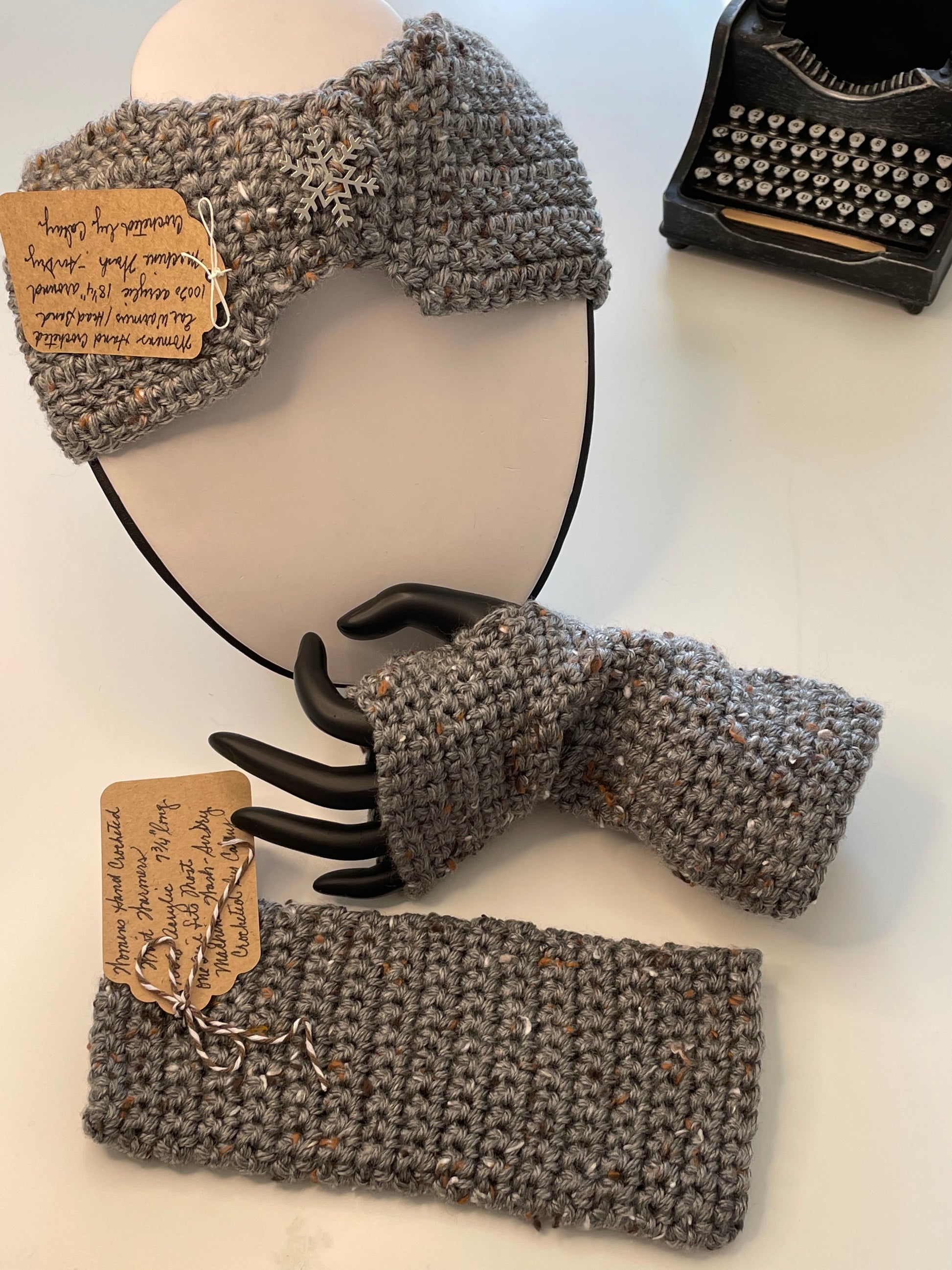 Extra Soft Gift Set Fingerless Gloves & Ear Warmers Speckled Grey Snowflake Knit Fall Winter Handmade 2 Piece Crochet Accessory