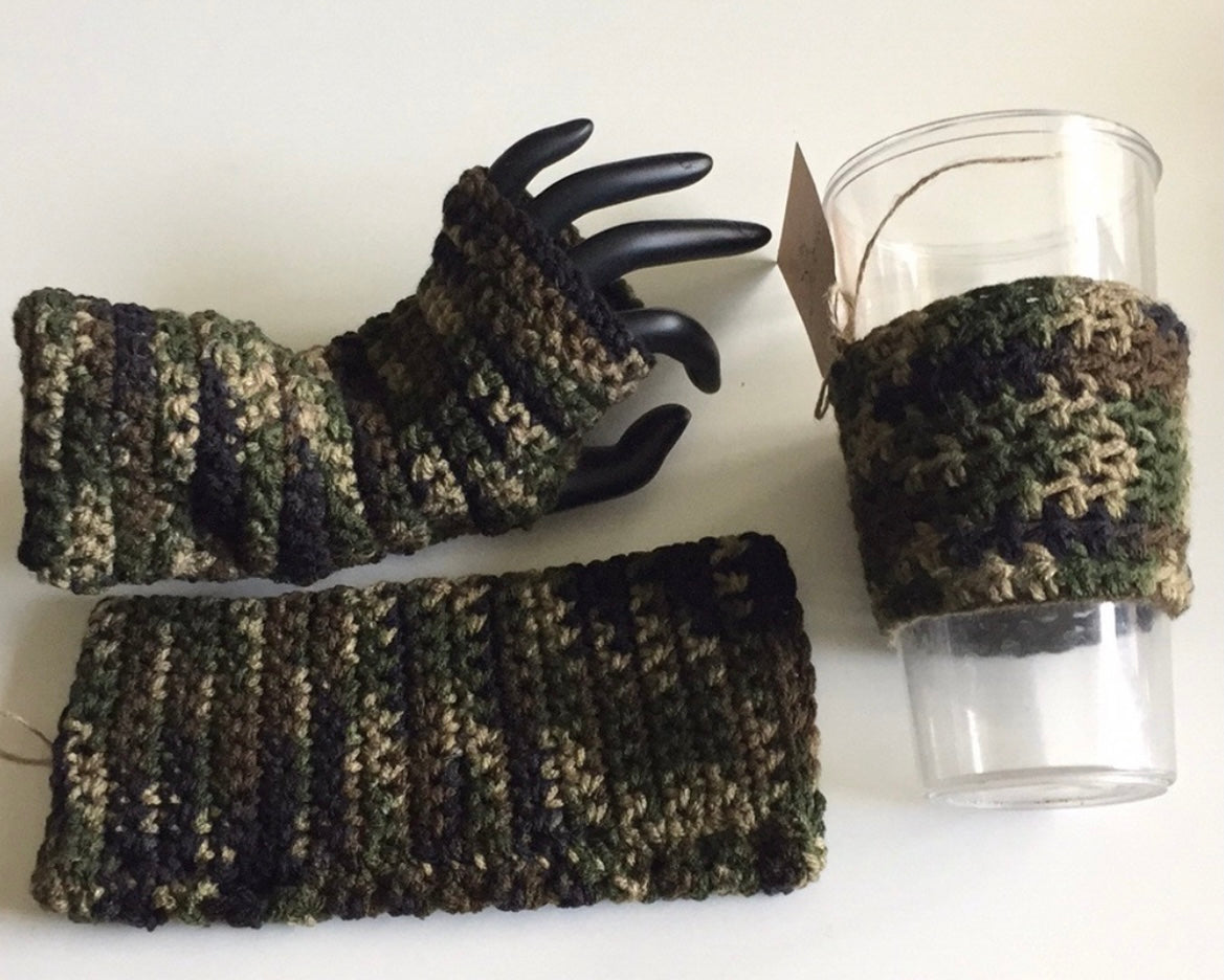 Crocheted Gift Set Fingerless Gloves & Cup Cozy in Camouflage Knit Fall Winter Boho Bohemian Handmade Green Marbled Media 1 of 1--single glove on mannequin hand,  one glove flat. Cup sleeve displayed on travel cup.