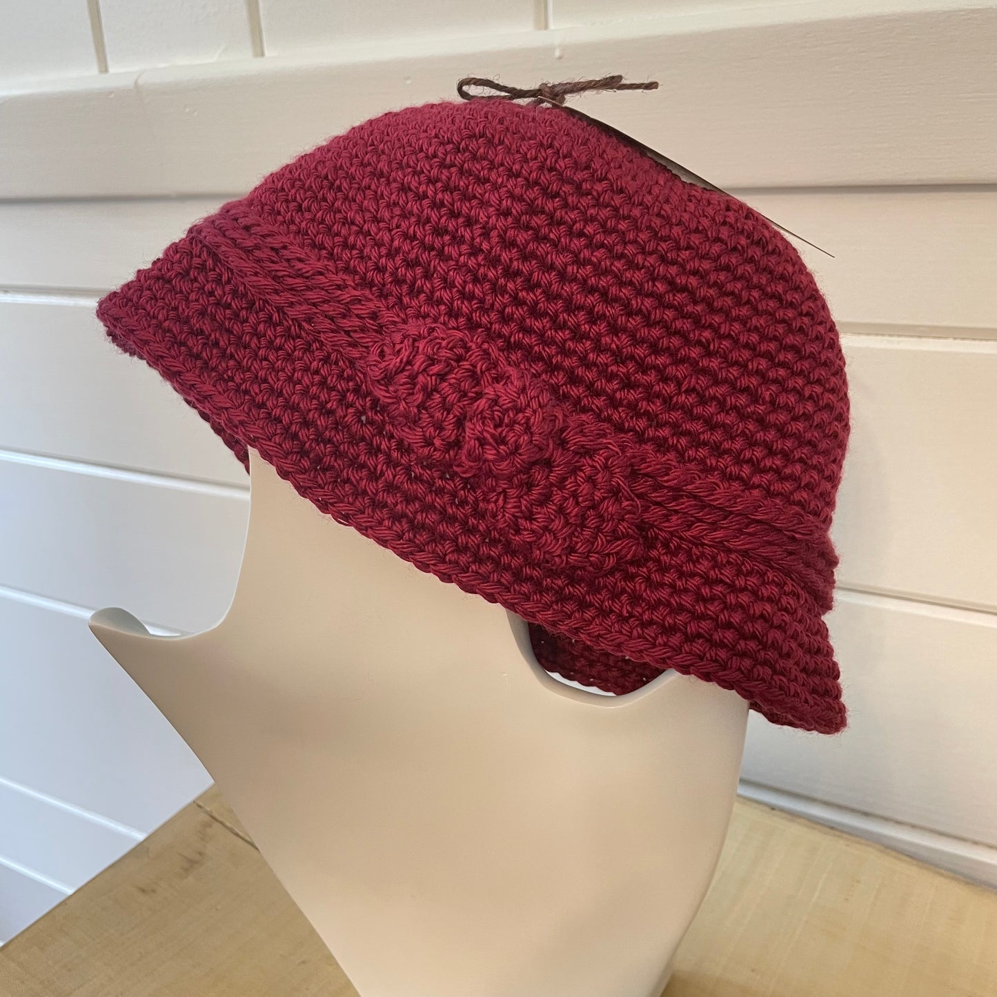 Vintage Retro Style Cloche Hat with Bow Accent in Red Wine Maroon Hand Crocheted Knit Fall Winter Bohemian Boho--shown with bow on left