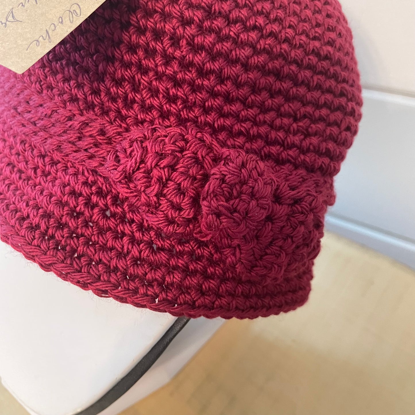 Vintage Retro Style Cloche Hat with Bow Accent in Red Wine Maroon Hand Crocheted Knit Fall Winter Bohemian Boho