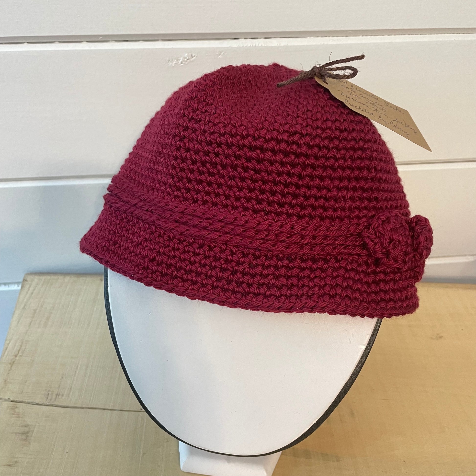 Vintage Retro Style Cloche Hat with Bow Accent in Red Wine Maroon Hand Crocheted Knit Fall Winter Bohemian Boho