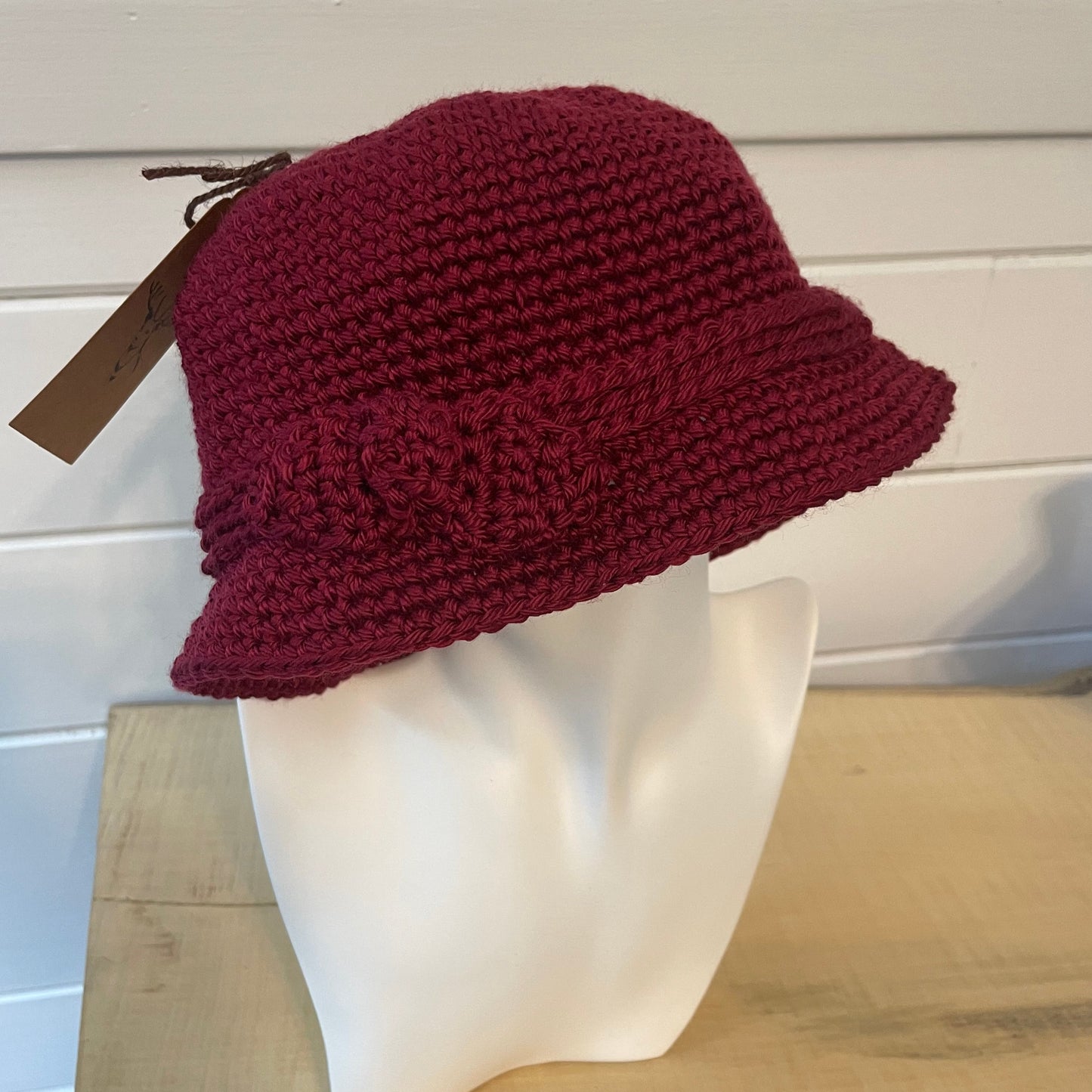 Vintage Retro Style Cloche Hat with Bow Accent in Red Wine Maroon Hand Crocheted Knit Fall Winter Bohemian Boho--shown with bow on right