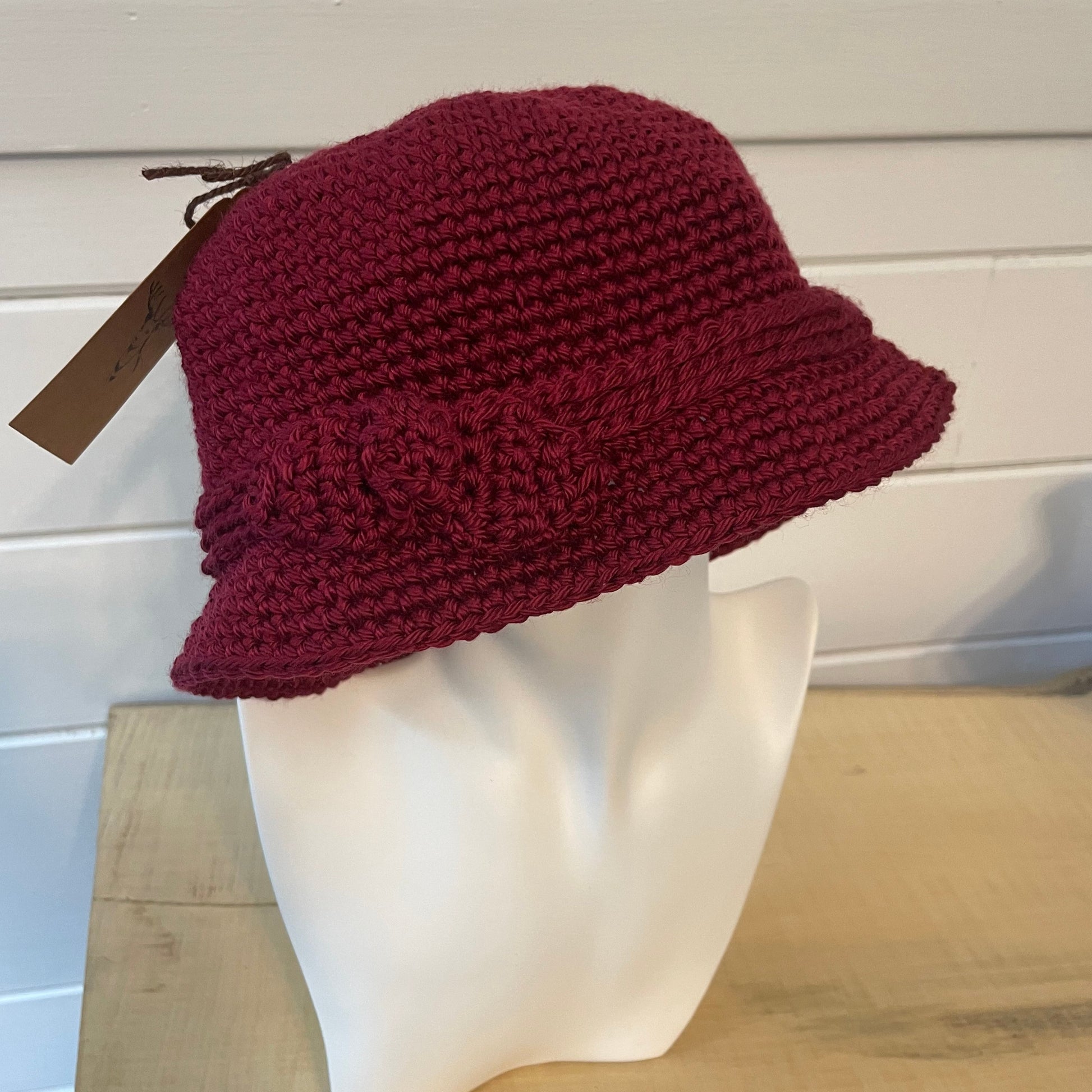 Vintage Retro Style Cloche Hat with Bow Accent in Red Wine Maroon Hand Crocheted Knit Fall Winter Bohemian Boho--shown with bow on right