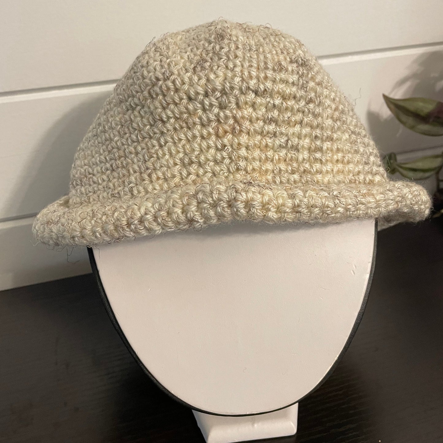 Crochet Rolled Brim Hat in Light Marbled Wheat Hand Crafted Knit Unisex Vintage Retro Style Outdoor Front View on black and white background