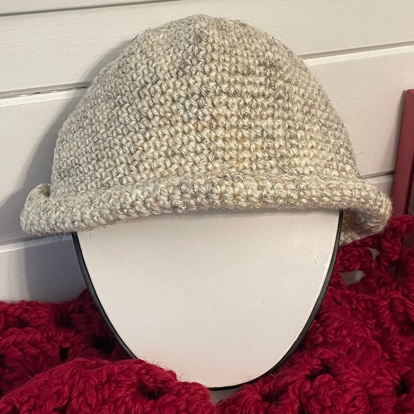 Crochet Rolled Brim Hat in Light Marbled Wheat Hand Crafted Knit Unisex Vintage Retro Style Outdoor