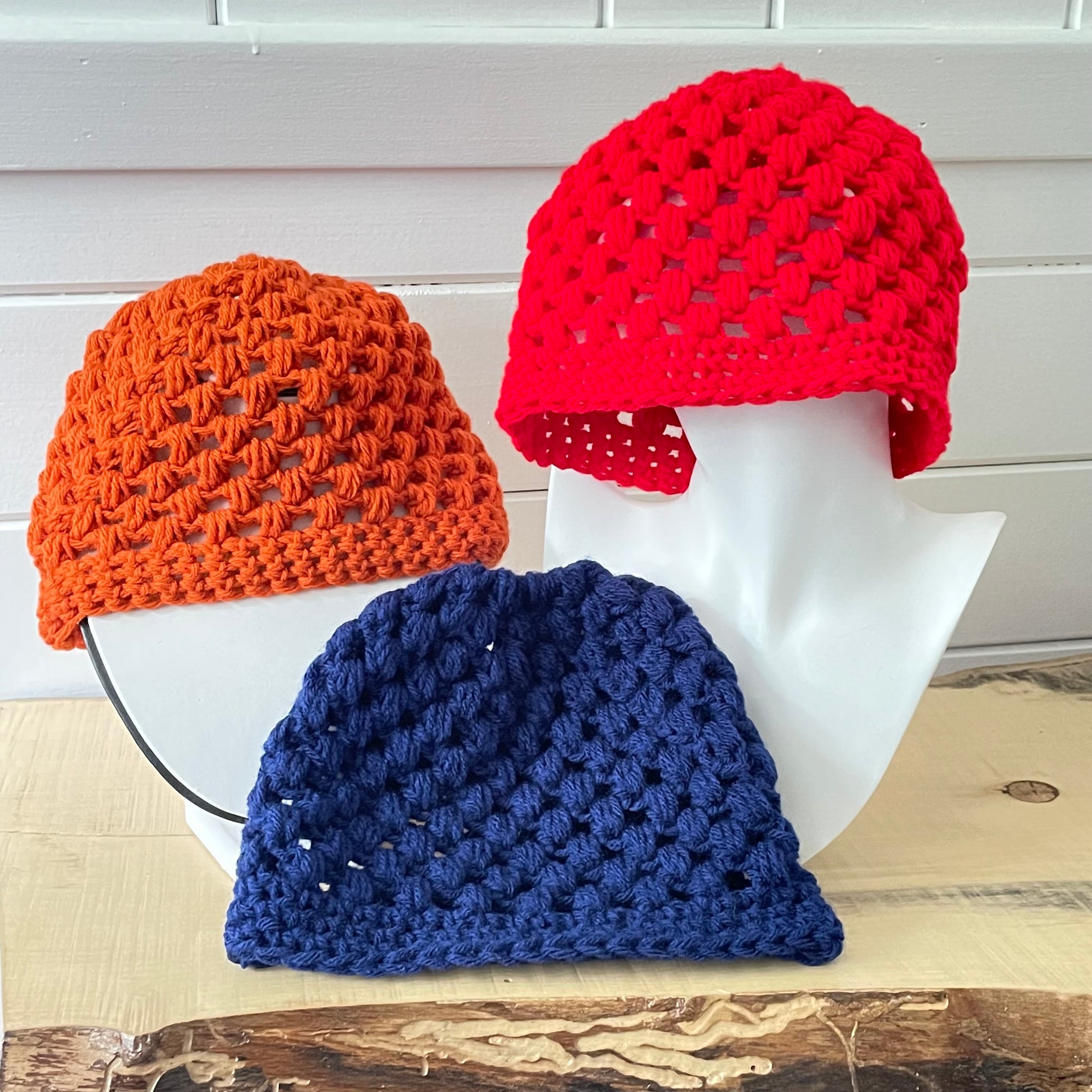 Bright Red Messy Bun Ponytail Hat Open Puffy Stitch Hand Crochet Knit Outdoor Walking Hiking Active Athletes Winter--3 colors of hats displayed
