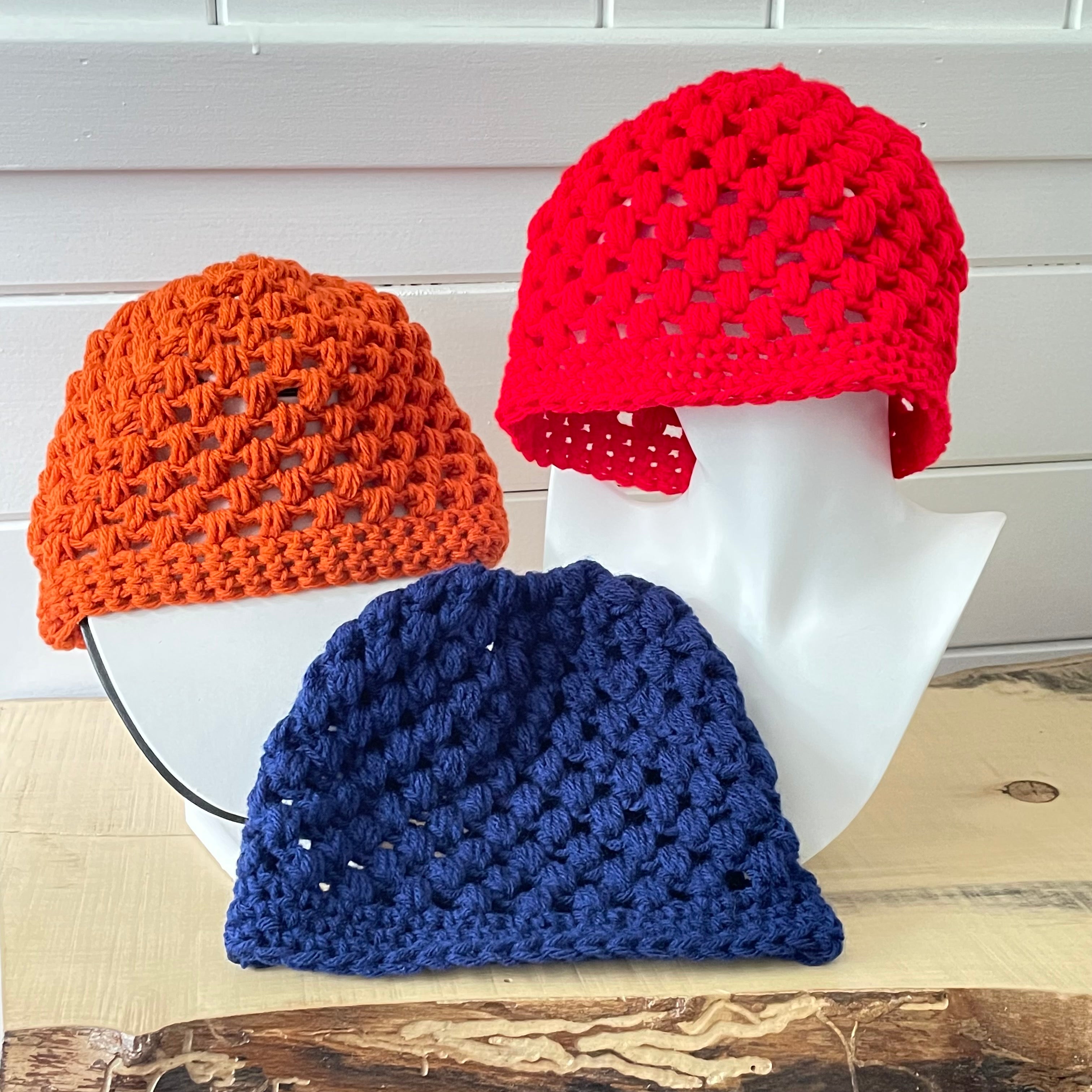 Rust Orange Messy Bun Ponytail Hat Open Puffy Stitch Hand Crochet Knit Outdoor Walking Hiking Active Athletes Winter