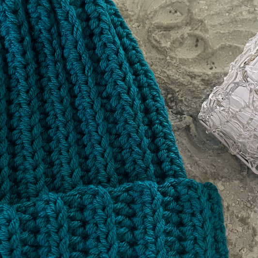 Extra Warm Ribbed Cable Knit Hat Solid Blue Green Hand Crocheted Beanie Winter Unisex Outdoor Stretch Adjustable Cuff--closeup of yarn & stitch