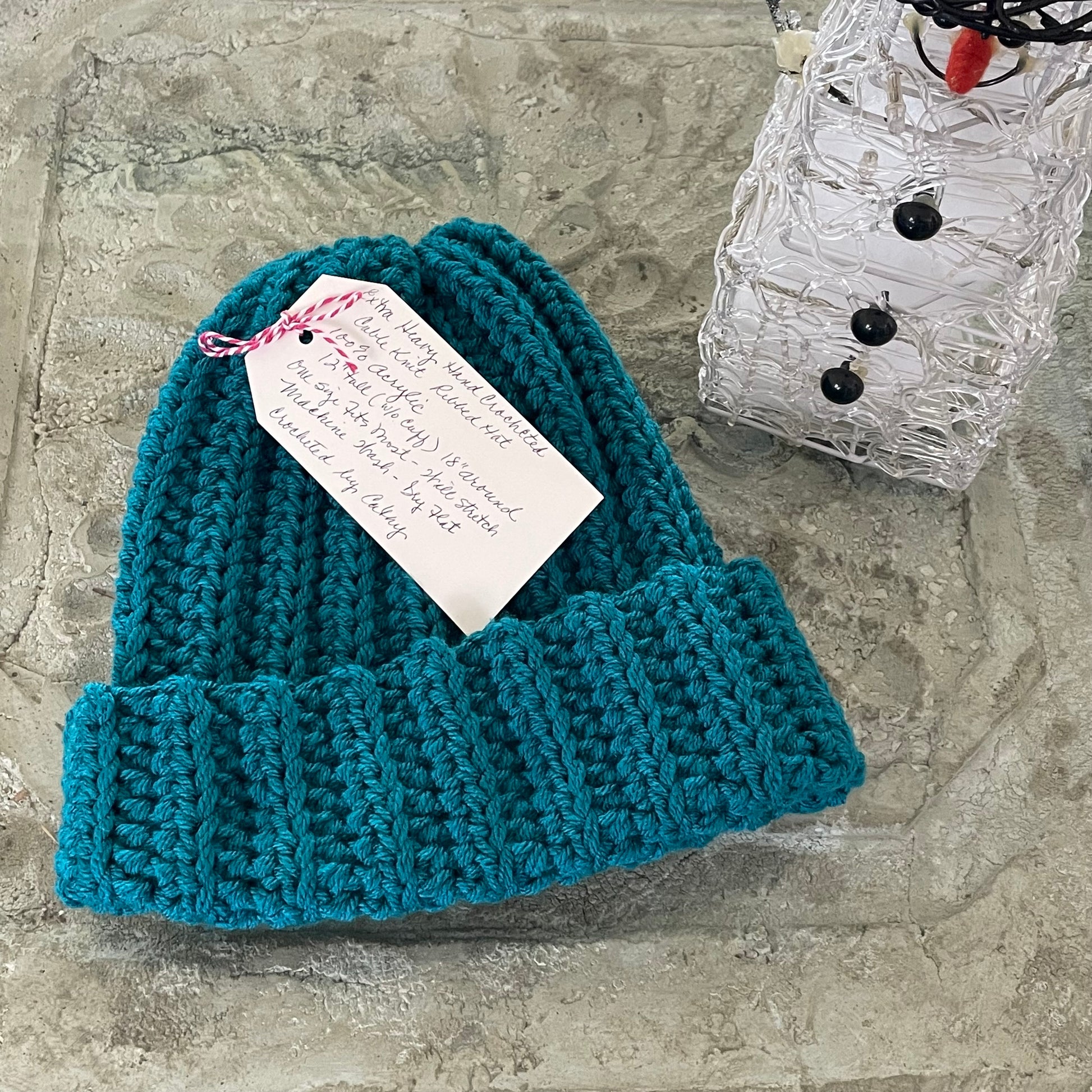 Extra Warm Ribbed Cable Knit Hat Solid Blue Green Hand Crocheted Beanie Winter Unisex Outdoor Stretch Adjustable Cuff