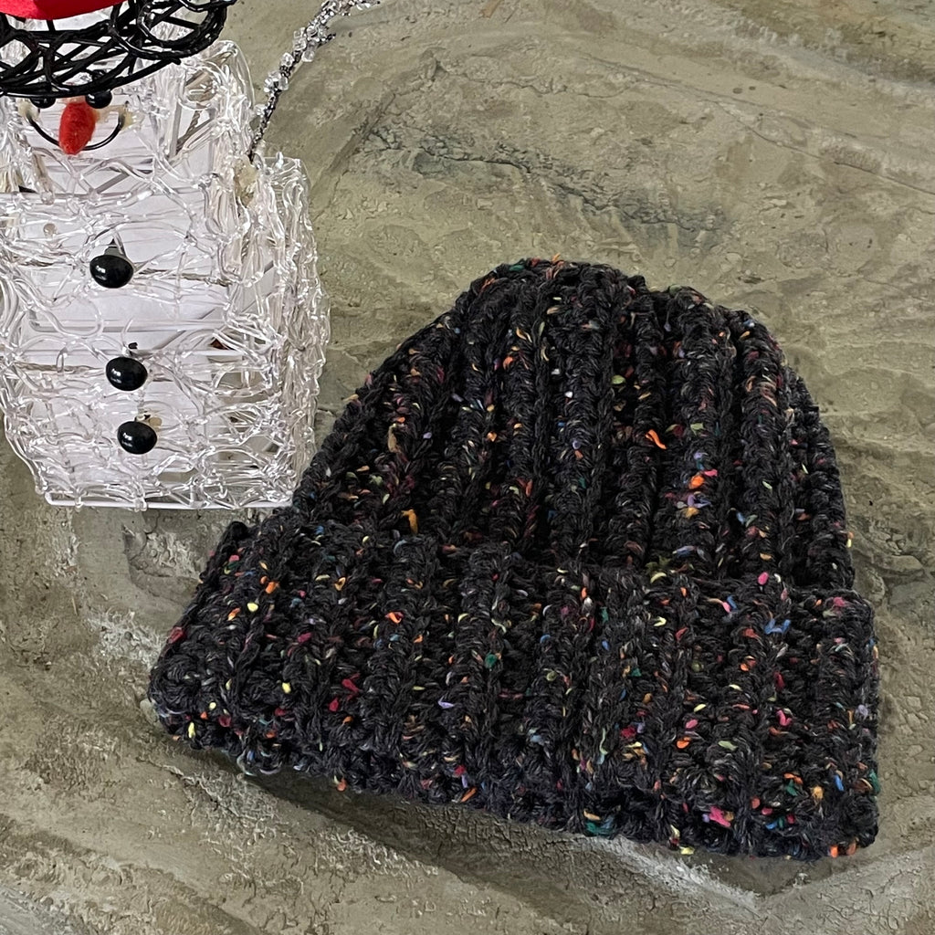 Extra Warm Ribbed Cable Knit Hat Charcoal Black & Speckled Rainbow Hand Crocheted Beanie Winter Unisex Outdoor Stretch Adjustable Cuff