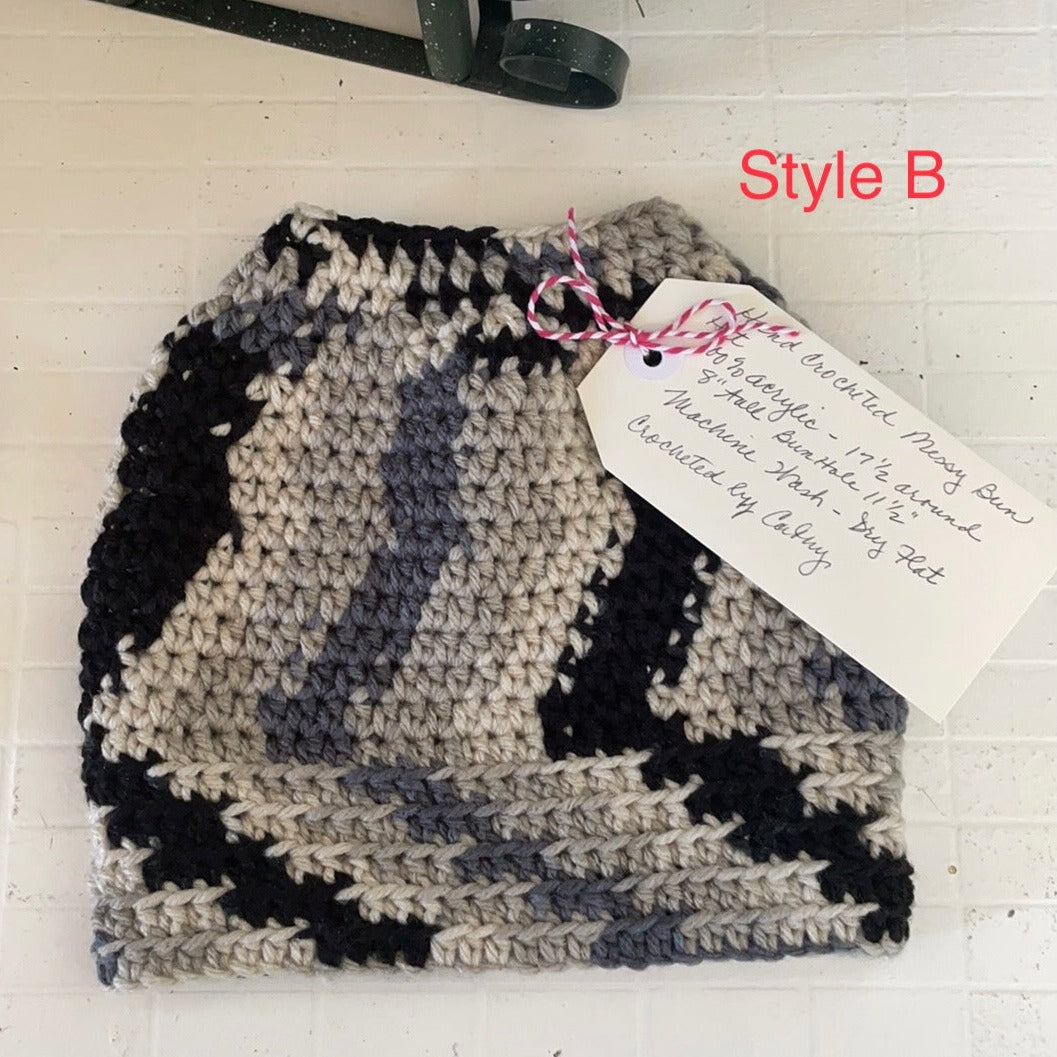 Diagonal Marble Grey Cream & Black Messy Bun Ponytail Hat 17.5" Single Stitch Crochet Knit Outdoor Walking Hiking Winter Long Hair Unisex