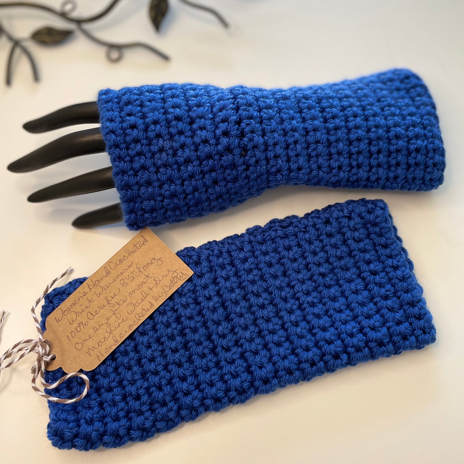 Extra Soft Cobalt Blue Writing Tech Fingerless Gloves Crochet Knit Gaming Texting Wrist Warmers against white background