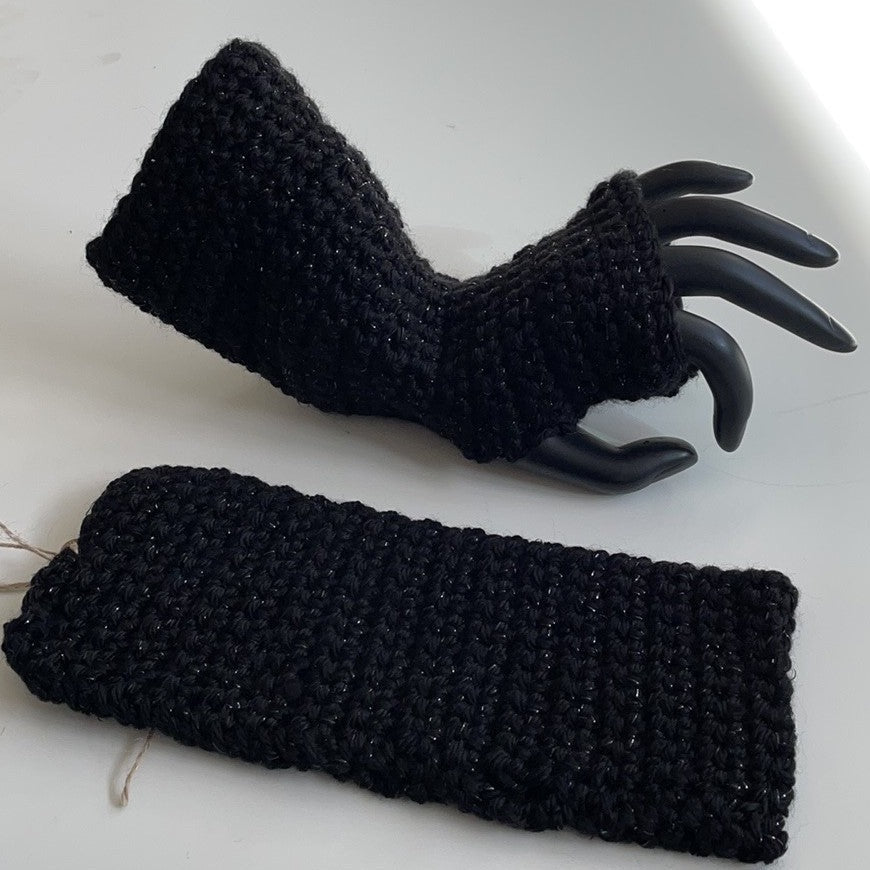 Narrow Black Glitter Extra Soft Gaming Texting Writing Tech Fingerless Gloves Wrist Warmers Bohemian Outlander Fall Winter Small Teen displayed 1 on mannequin hand, the other flat