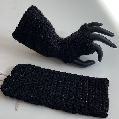 Narrow Black Glitter Extra Soft Gaming Texting Writing Tech Fingerless Gloves Wrist Warmers Bohemian Outlander Fall Winter Small Teen displayed 1 on mannequin hand, the other flat